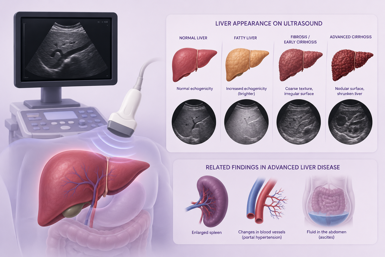 Illustration comparing normal liver, fatty liver, fibrosis or early cirrhosis and advanced cirrhosis on ultrasound