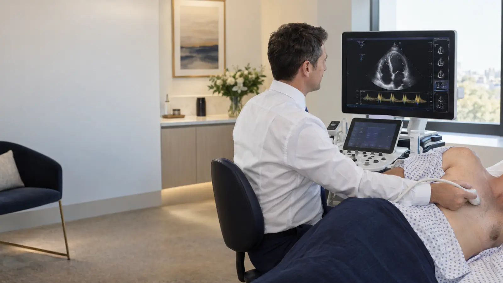 Cardiologist performing a private transthoracic echocardiogram at London Private Ultrasound