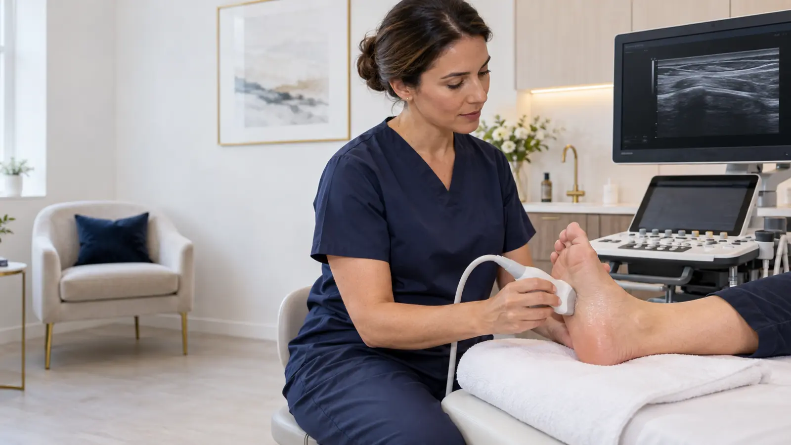 MSK clinician performing a diagnostic foot ultrasound scan at London Private Ultrasound