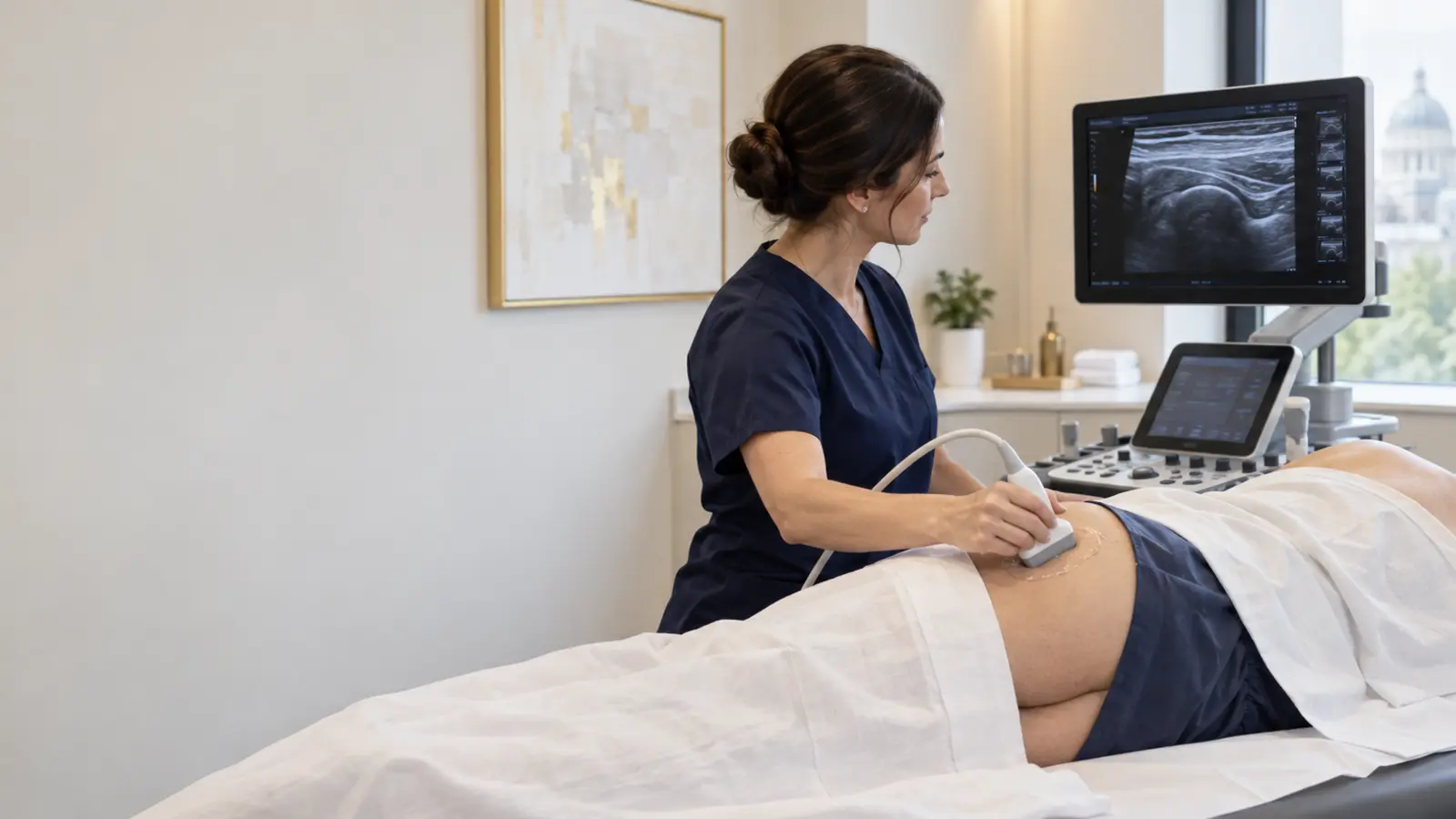 MSK clinician performing a diagnostic lateral hip and upper-thigh ultrasound scan at London Private Ultrasound