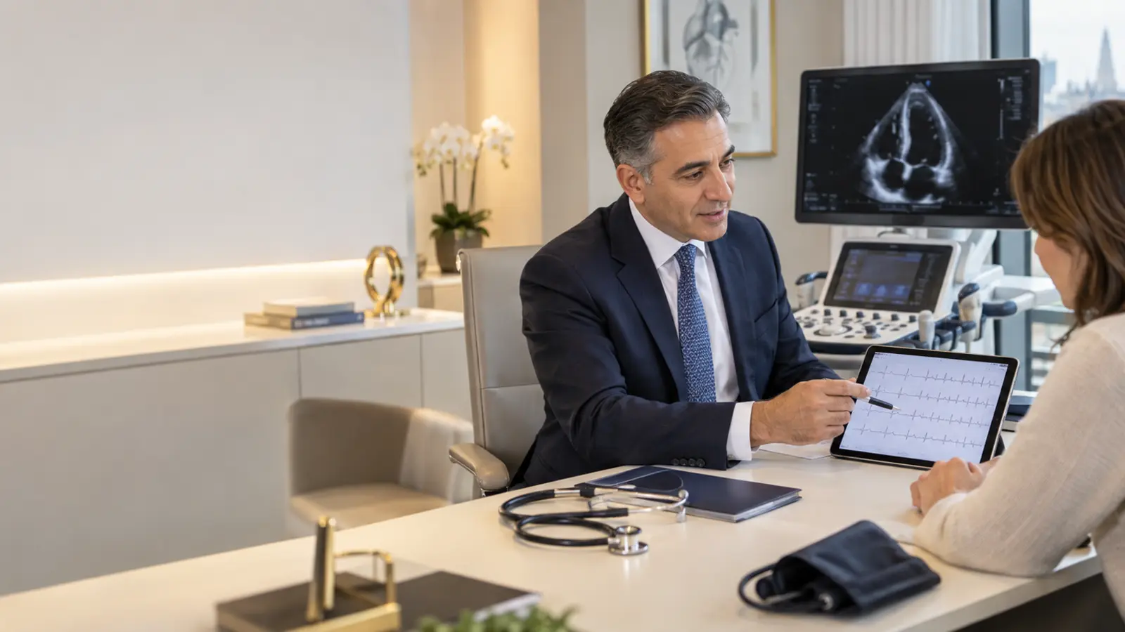 Consultant cardiologist explaining echocardiogram and ECG findings during a private heart assessment at London Private Ultrasound