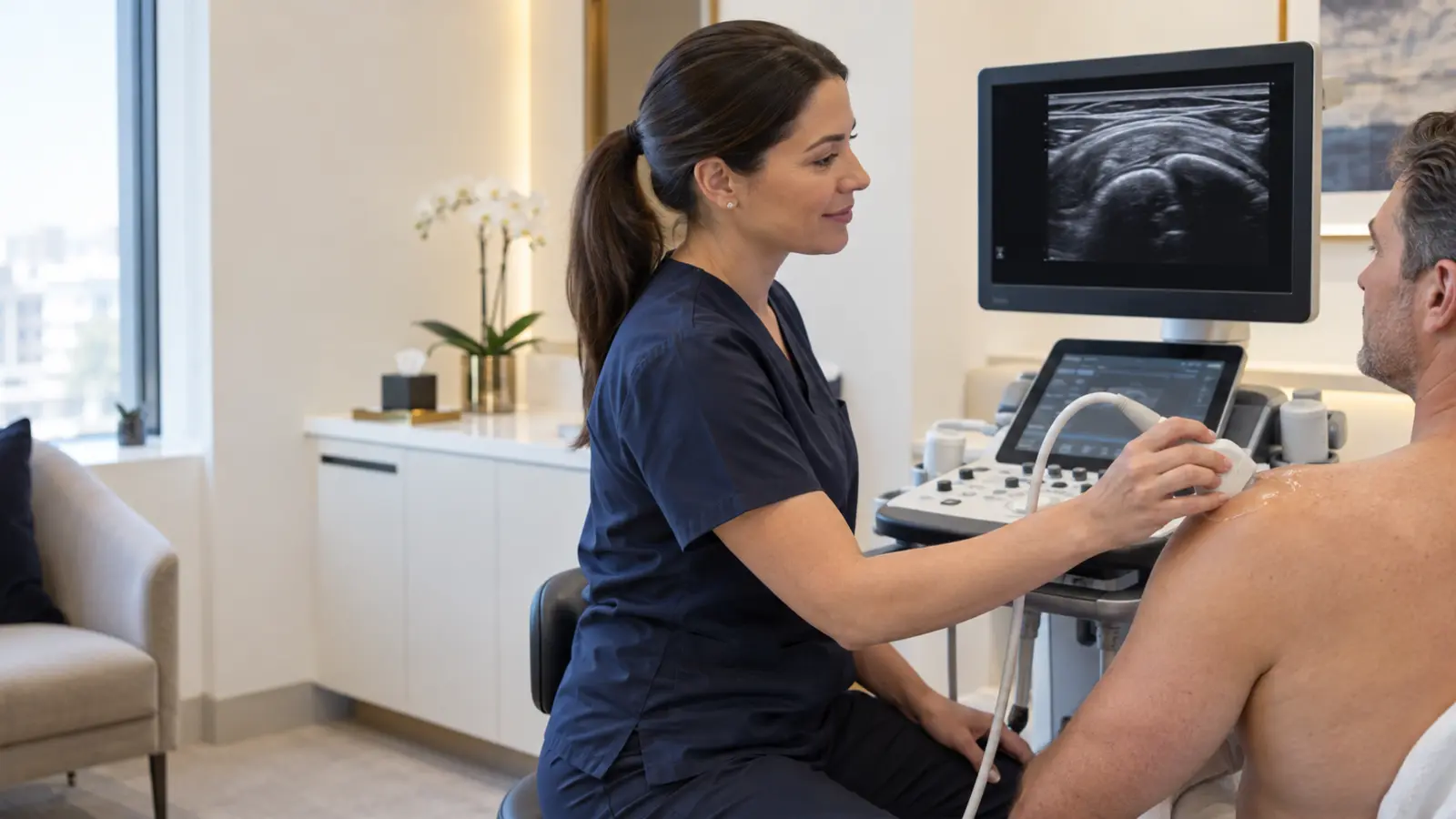 MSK clinician performing a diagnostic shoulder ultrasound scan at London Private Ultrasound