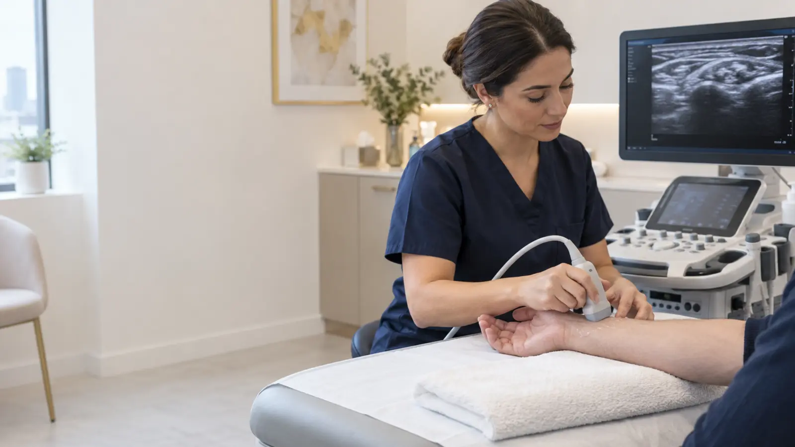MSK clinician performing a diagnostic wrist and carpal tunnel ultrasound scan at London Private Ultrasound